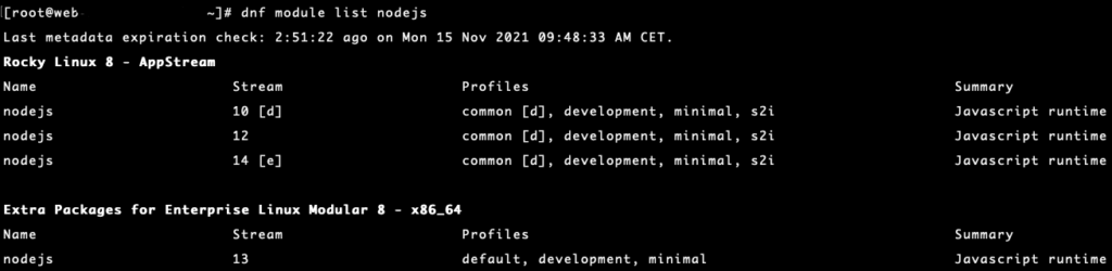 Install NodeJS: DNF module list nodejs
